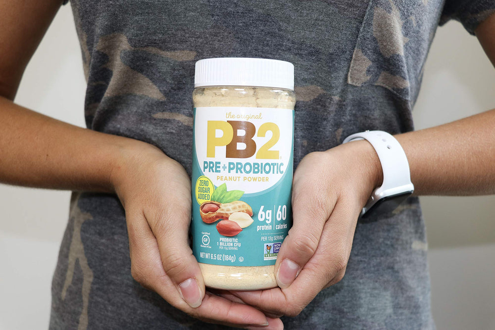 PB2 peanut butter powder smoothie pour enhances flavor and protein