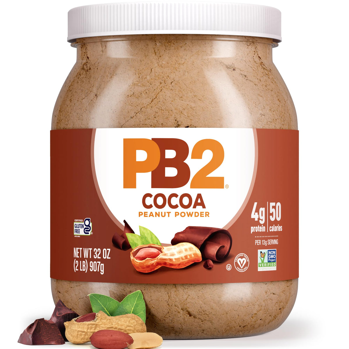 PB2 powdered chocolate peanut butter jar—low-fat mix for creamy shakes.
