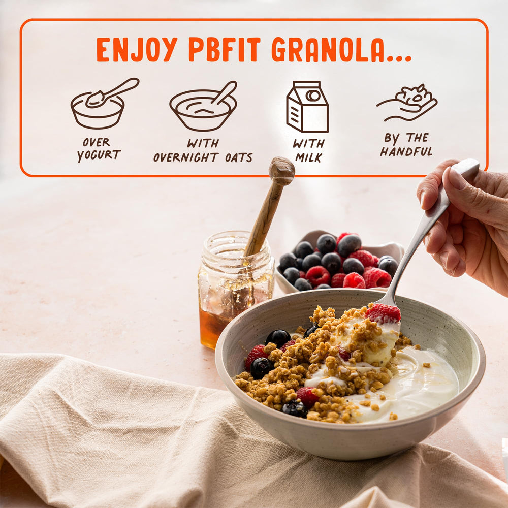 PBfit granola served as a breakfast cereal in a bowl.