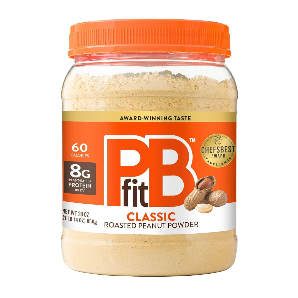 PBfit Classic Peanut Butter Powder bottle shows real roasted peanuts for a low-fat protein boost.