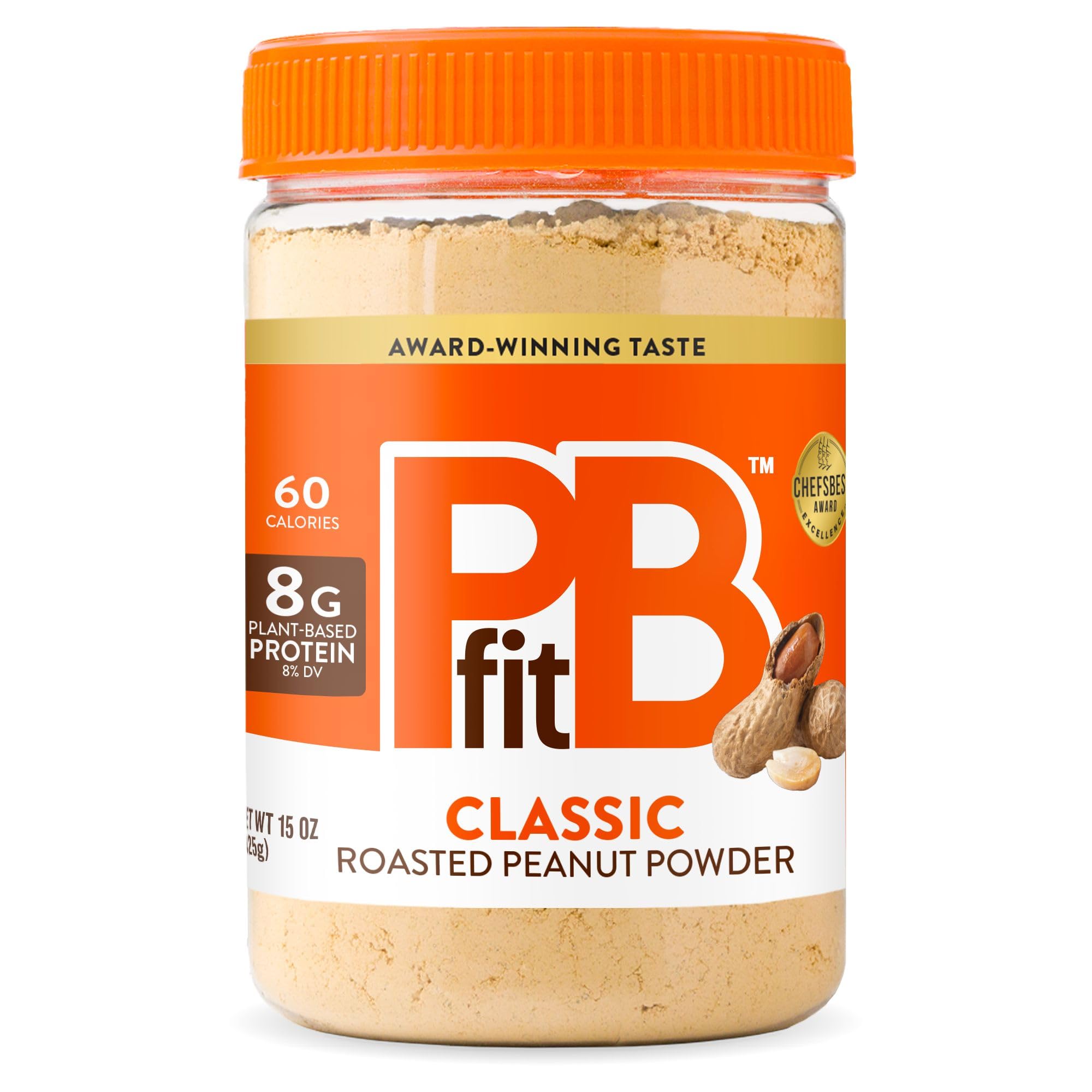 PBfit Classic Peanut Butter Powder jar shows real peanut flavor with low fat.