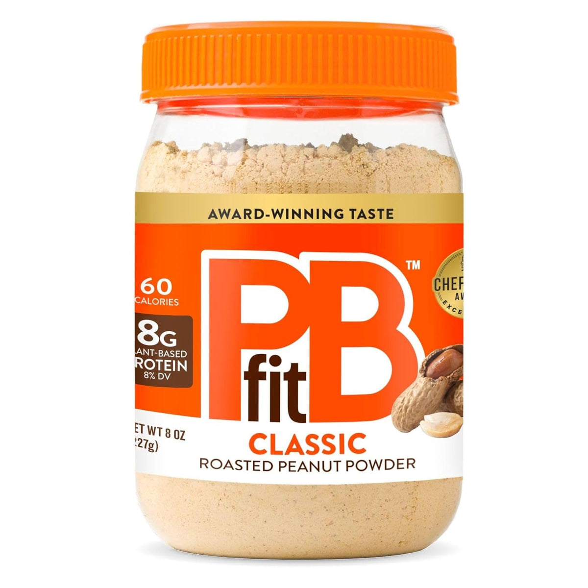 PBfit Classic Peanut Butter Powder jar shows rich flavor with 87% less fat