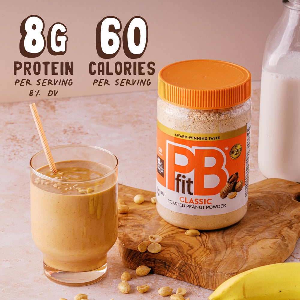 PBfit peanut butter powder scoop for easy, measured shakes.