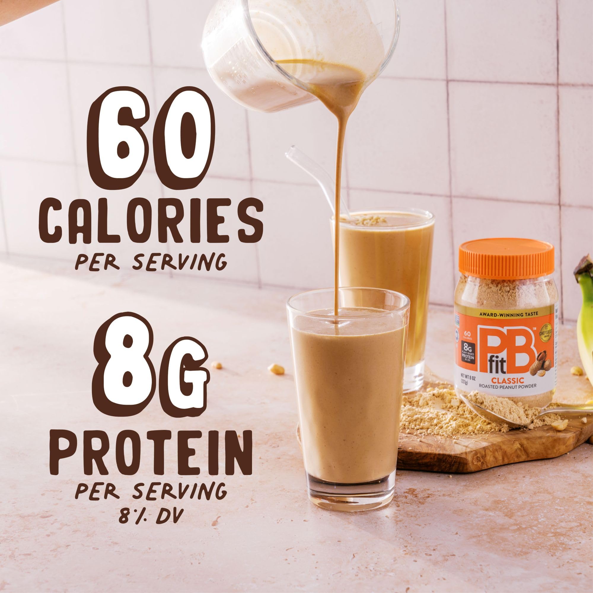 PBfit Classic Peanut Butter Powder scoop illustrates quick mix for spreads