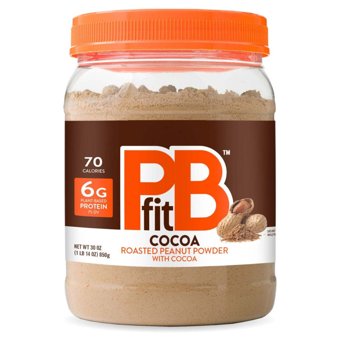 PBfit Cocoa Peanut Butter Powder jar shows rich chocolate flavor and protein boost