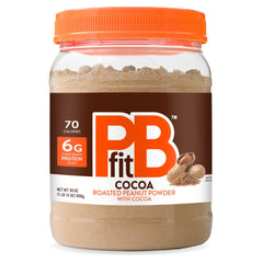 PBfit Cocoa Peanut Butter Powder jar shows rich chocolate flavor and protein boost