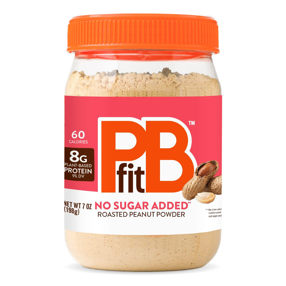 PBfit No Sugar Added Peanut Butter Powder jar showing clean ingredients for guilt-free snacking.
