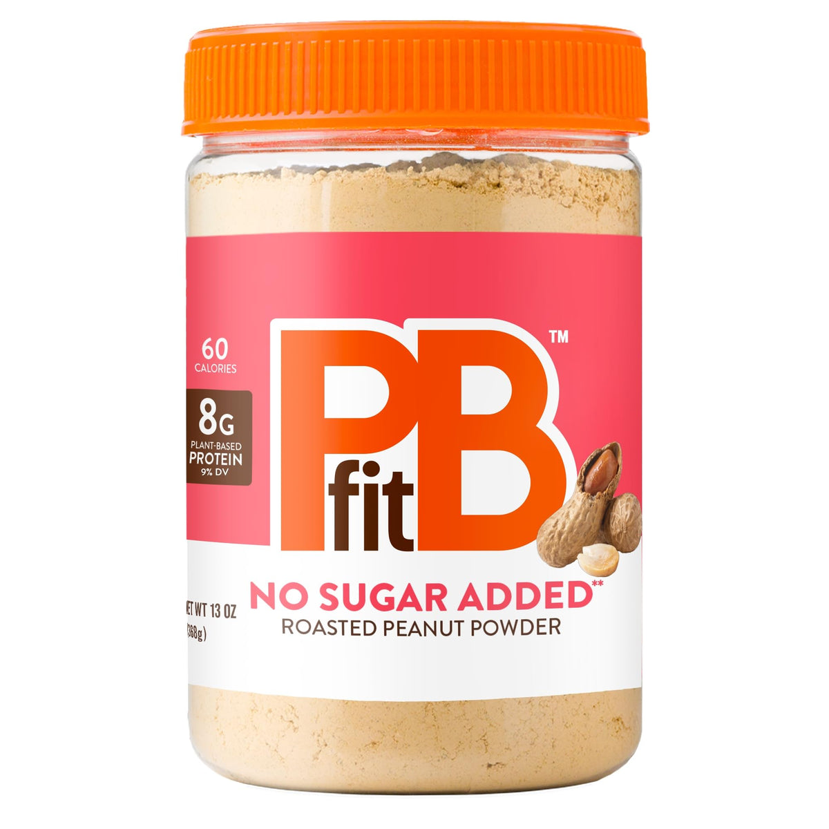 PBfit No Sugar Added Peanut Butter Powder package shows rich peanut flavor with no added sugar