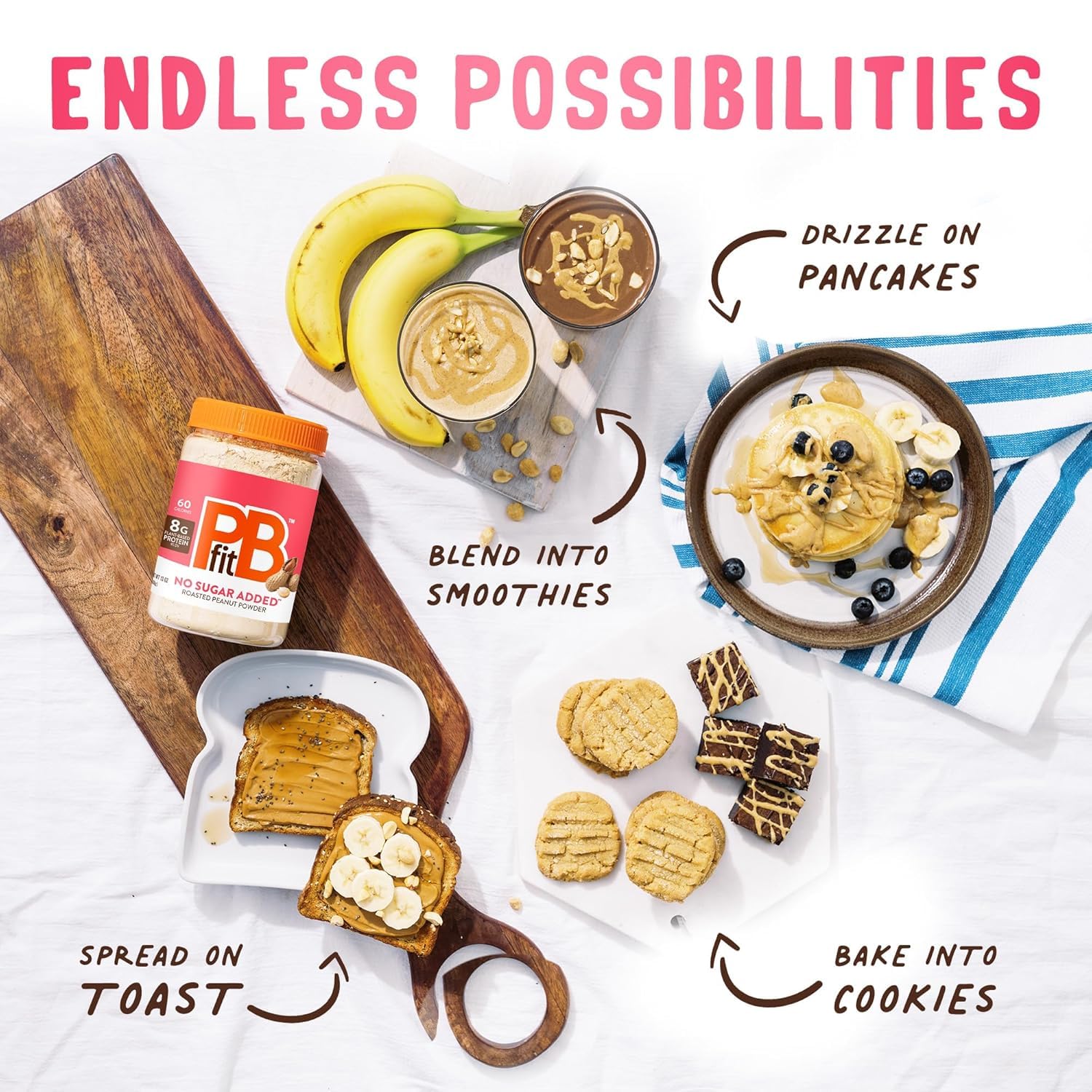Smoothie glass with PBfit powder; adds peanut butter taste with less fat