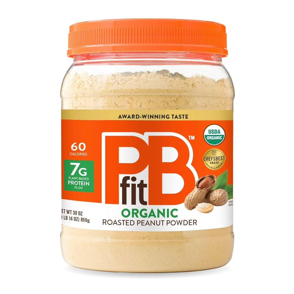 PBfit Organic Peanut Butter Powder jar offers rich flavor with low fat