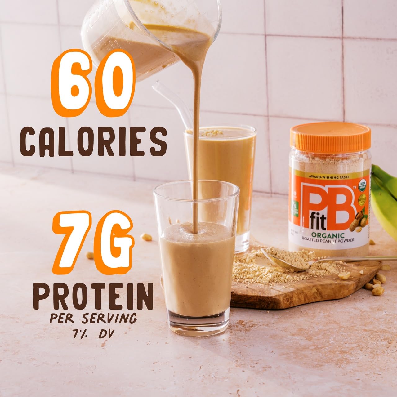 PBfit Organic Peanut Butter Powder scoop shown for easy mixing.