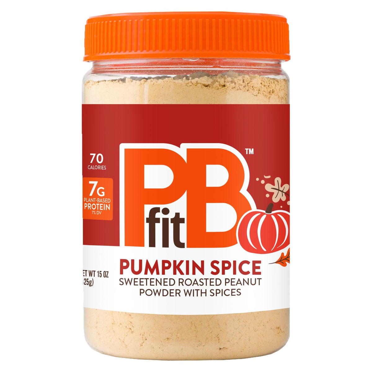 PBfit Pumpkin Spice powder in a jar highlighting low-fat, high-protein flavor.