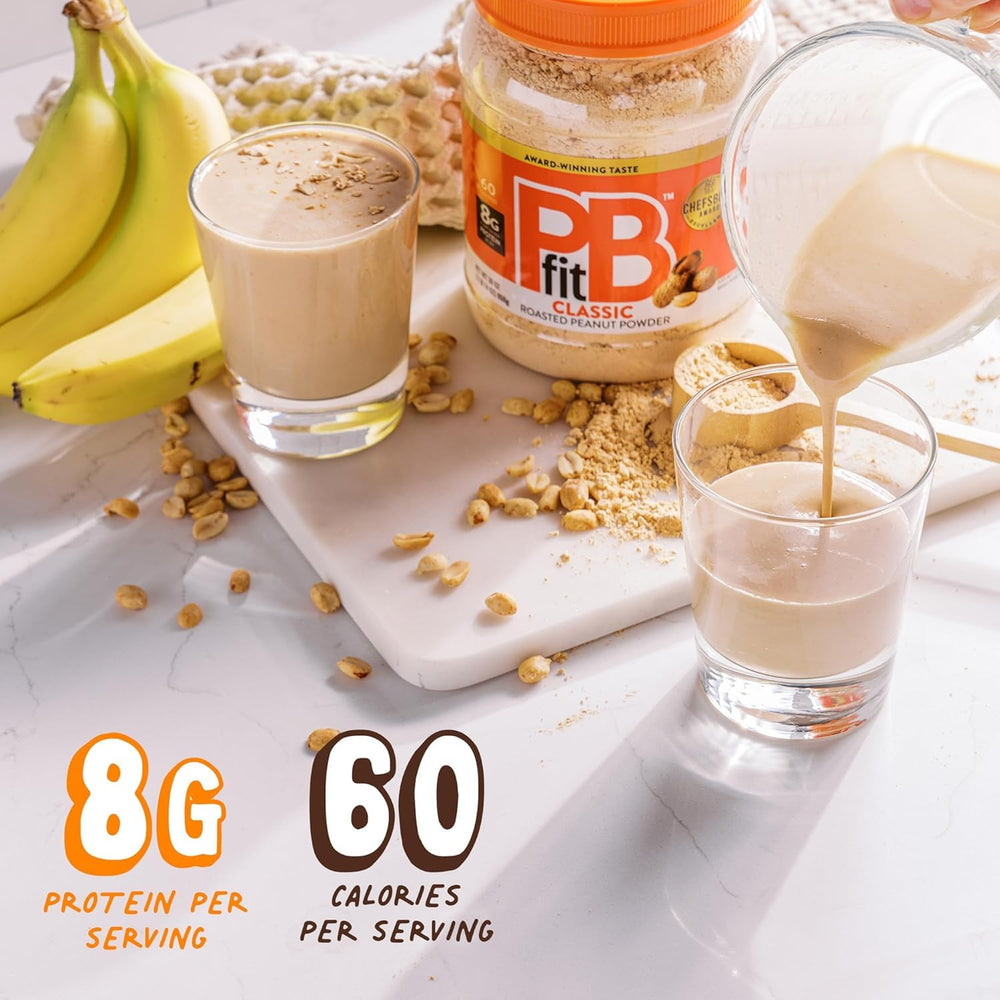 PBfit powder in a smoothie cup highlights high-protein addition after workouts.