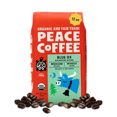 Peace Coffee Blue Ox Blend packaging with organic fair trade label.
