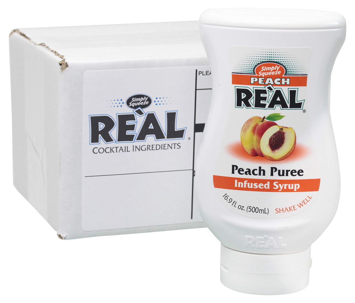 Peach Real peach puree syrup bottle front, ideal for cocktails and sparkling drinks.