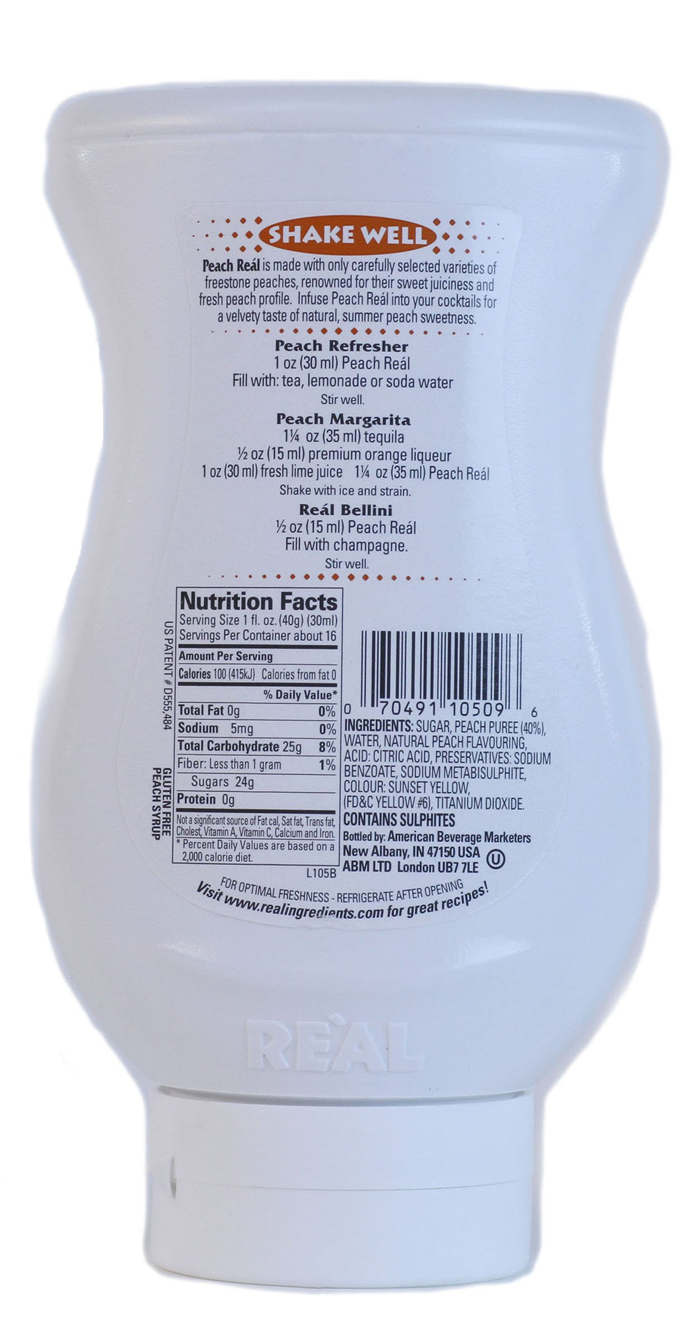 Peach Real syrup bottle in a glass, vibrant color enhances mocktails and iced beverages.