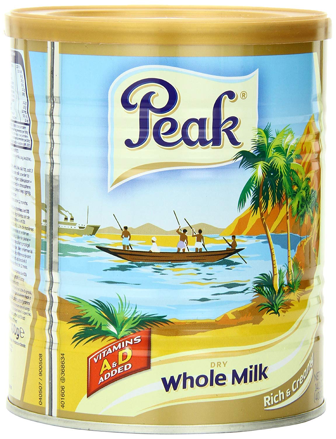 Peak Milk Powder canister on kitchen shelf for rich, creamy drinks