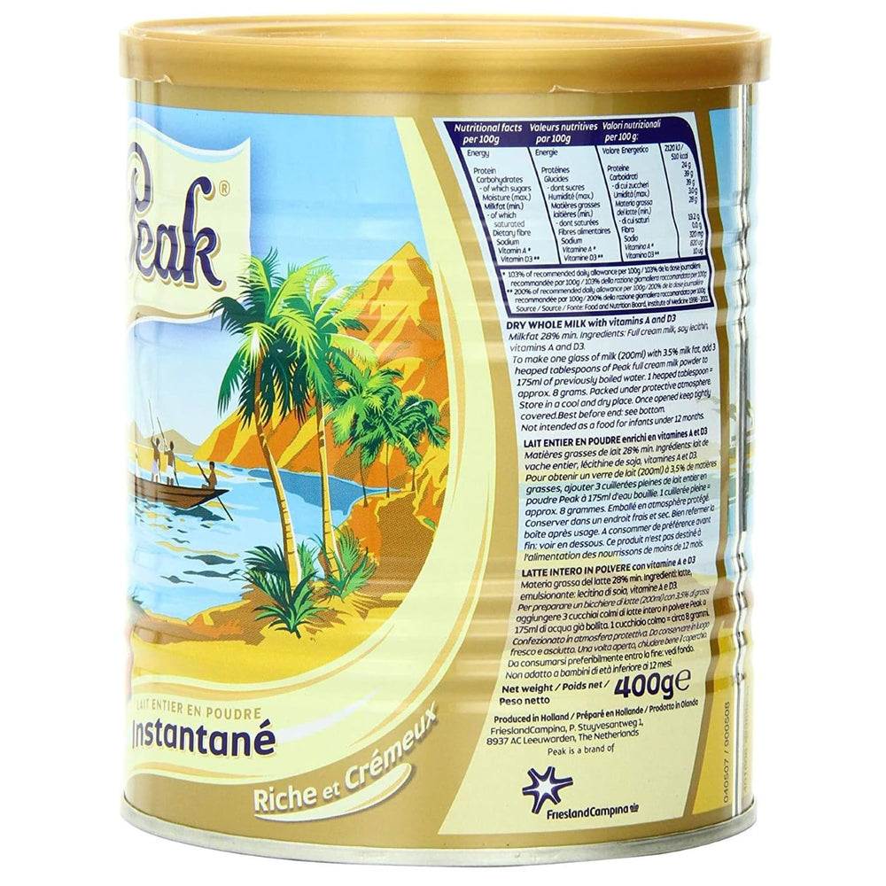Peak milk powder delivers creamy 3.5% fat milk.