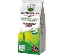Peak Performance high altitude coffee bag, organic and fair trade, ready for your morning ritual.