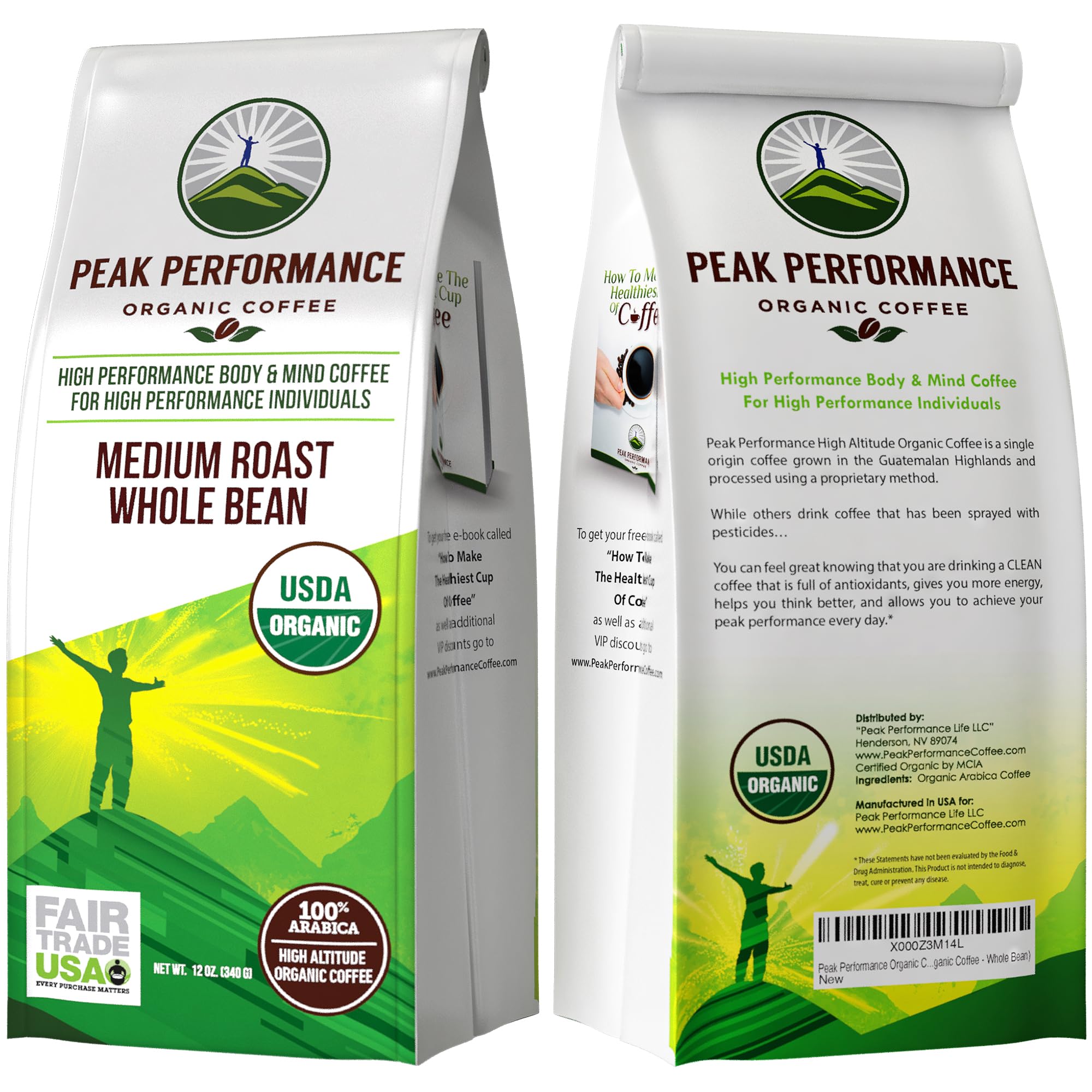 Fair Trade logo on Peak Performance coffee signals ethical sourcing and support.