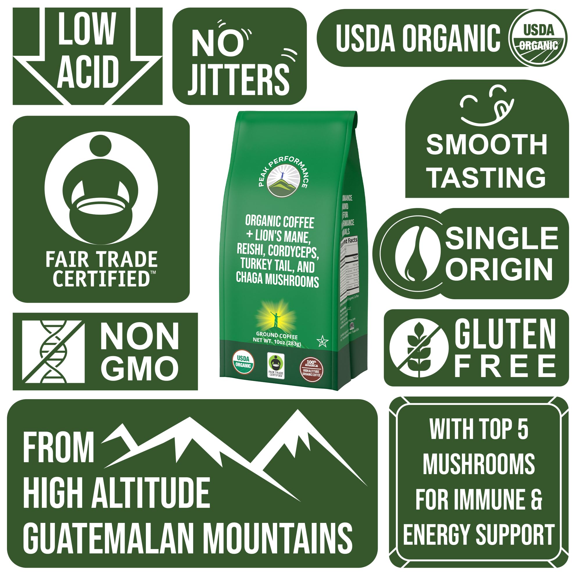 Peak Performance Chaga enriched coffee delivers rich aroma and premium flavor.