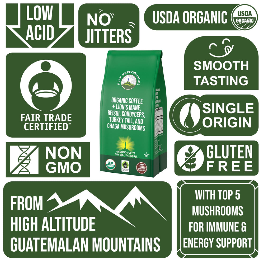 Peak Performance Chaga enriched coffee delivers rich aroma and premium flavor.