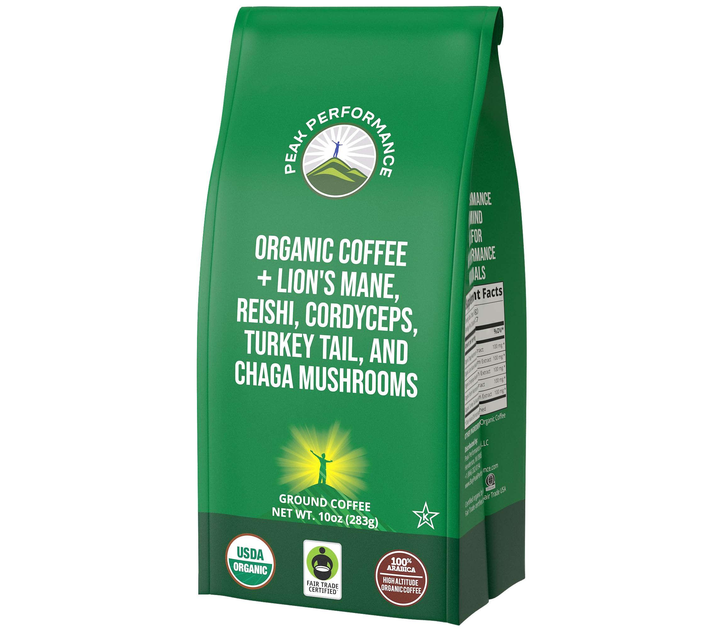 Peak Performance organic low acid mushroom coffee bag with Lion's Mane for a smooth morning.