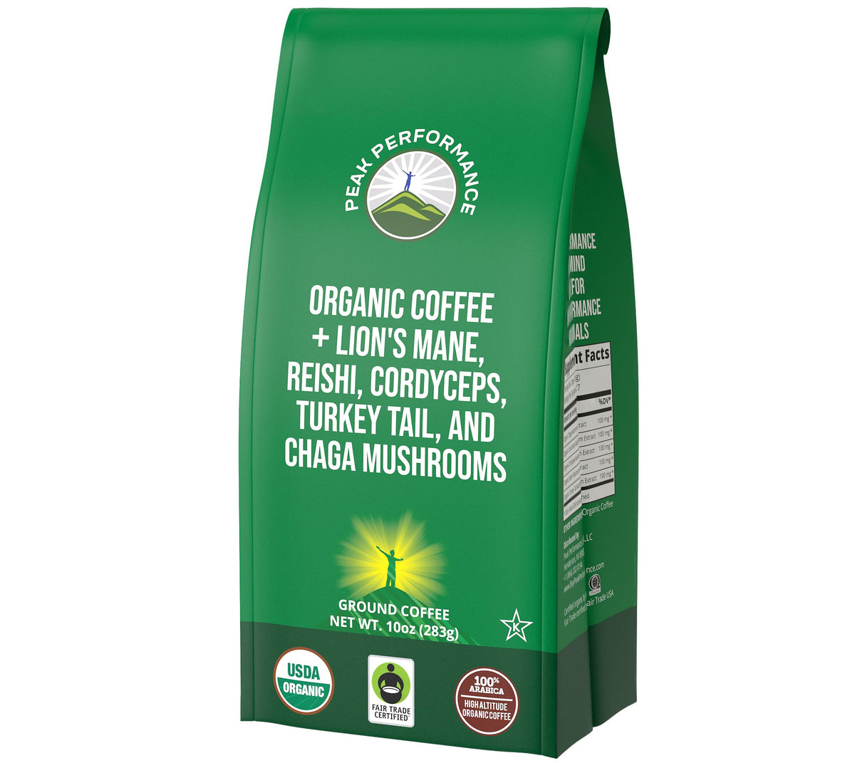 Peak Performance organic low acid mushroom coffee bag with Lion's Mane for a smooth morning.