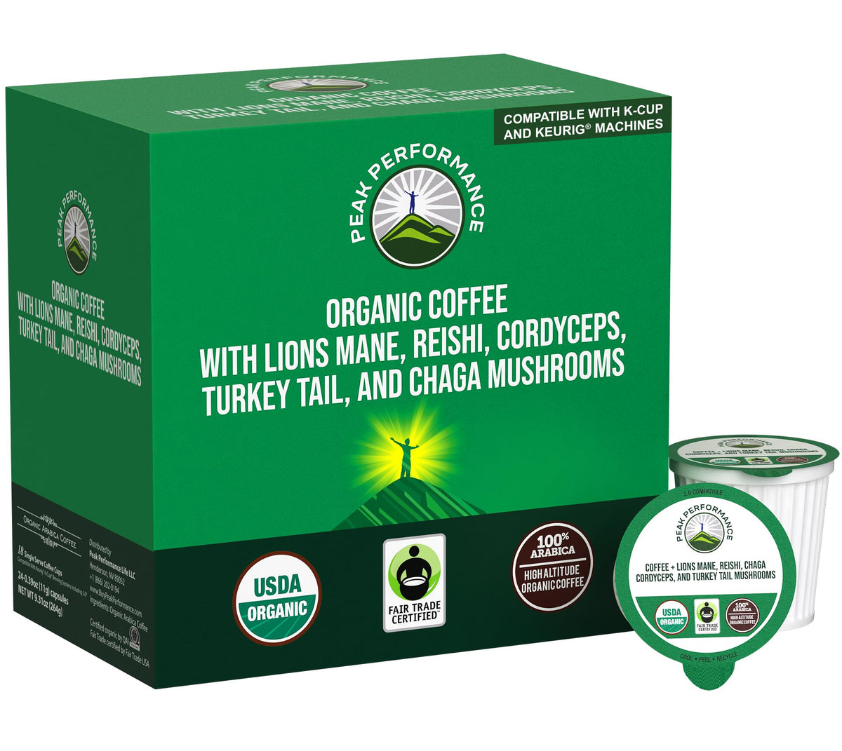 Peak Performance Lion's Mane pods packshot for a smooth, low-acid brew.