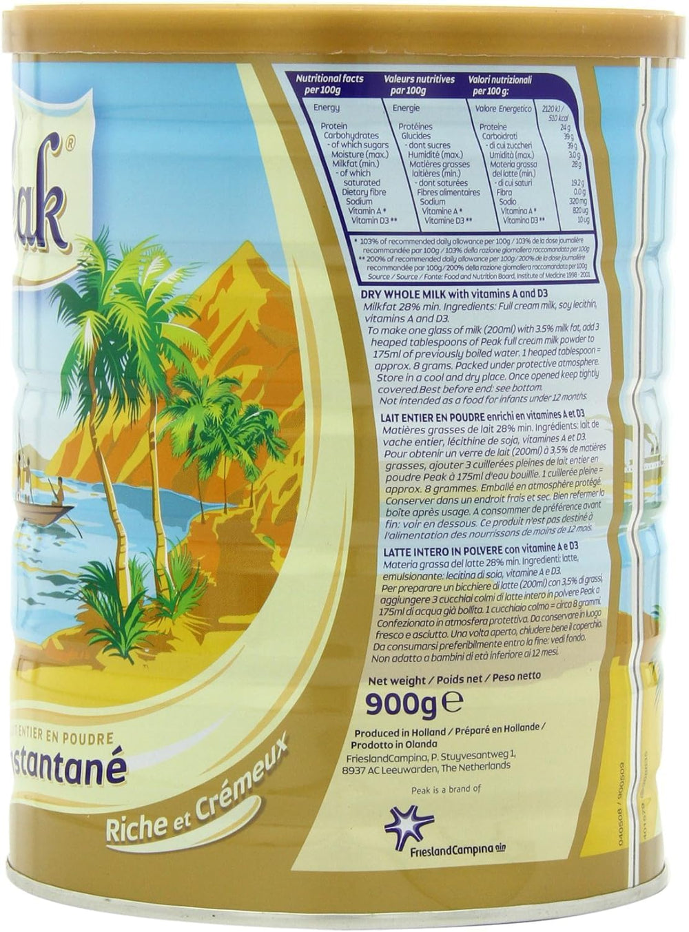 Peak Whole Milk Powder back label highlighting vitamins A and D for daily nutrition