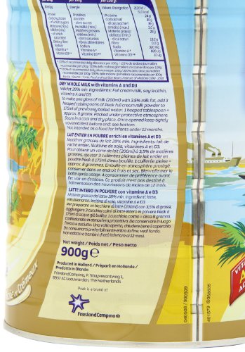 Peak Whole Milk Powder storage can in pantry suggests long shelf life