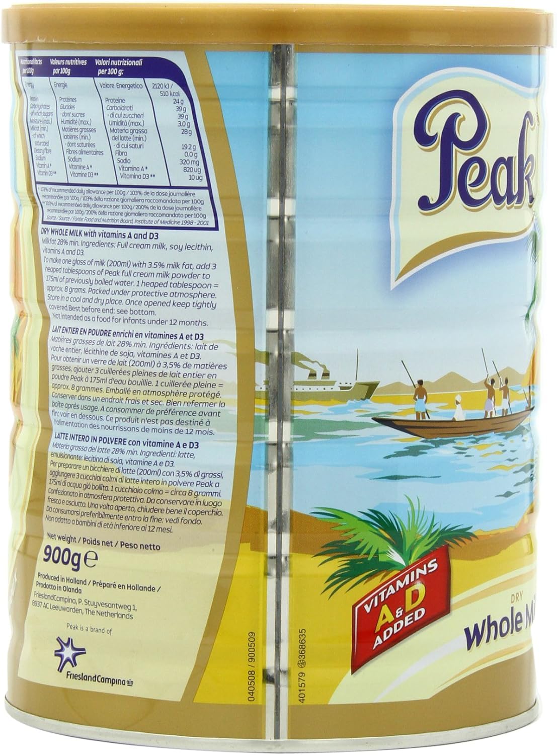 Peak Whole Milk Powder texture close-up illustrates smooth dissolving in hot or cold water