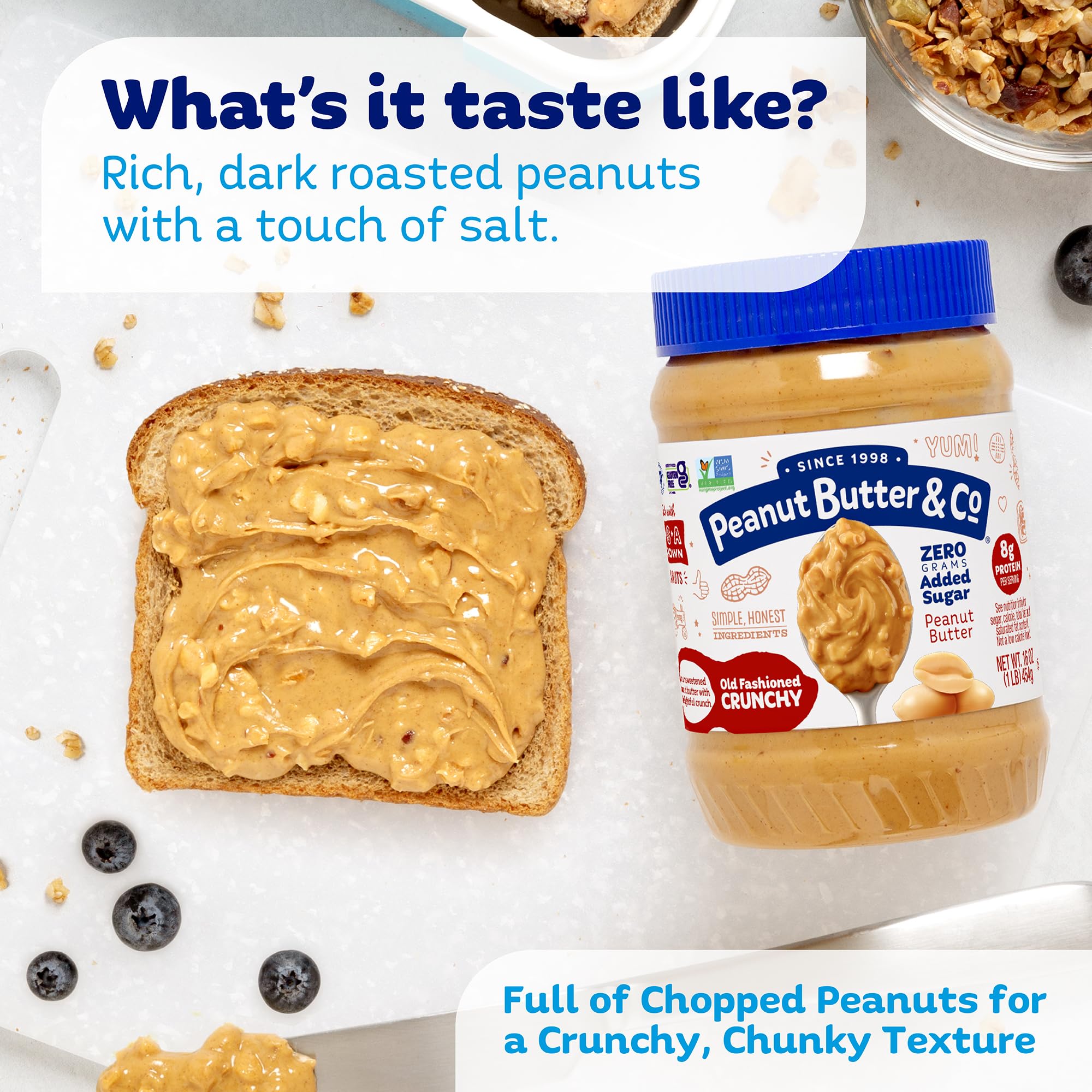 Peanut Butter & Co. 8g protein focus illustrates a convenient plant-based option.