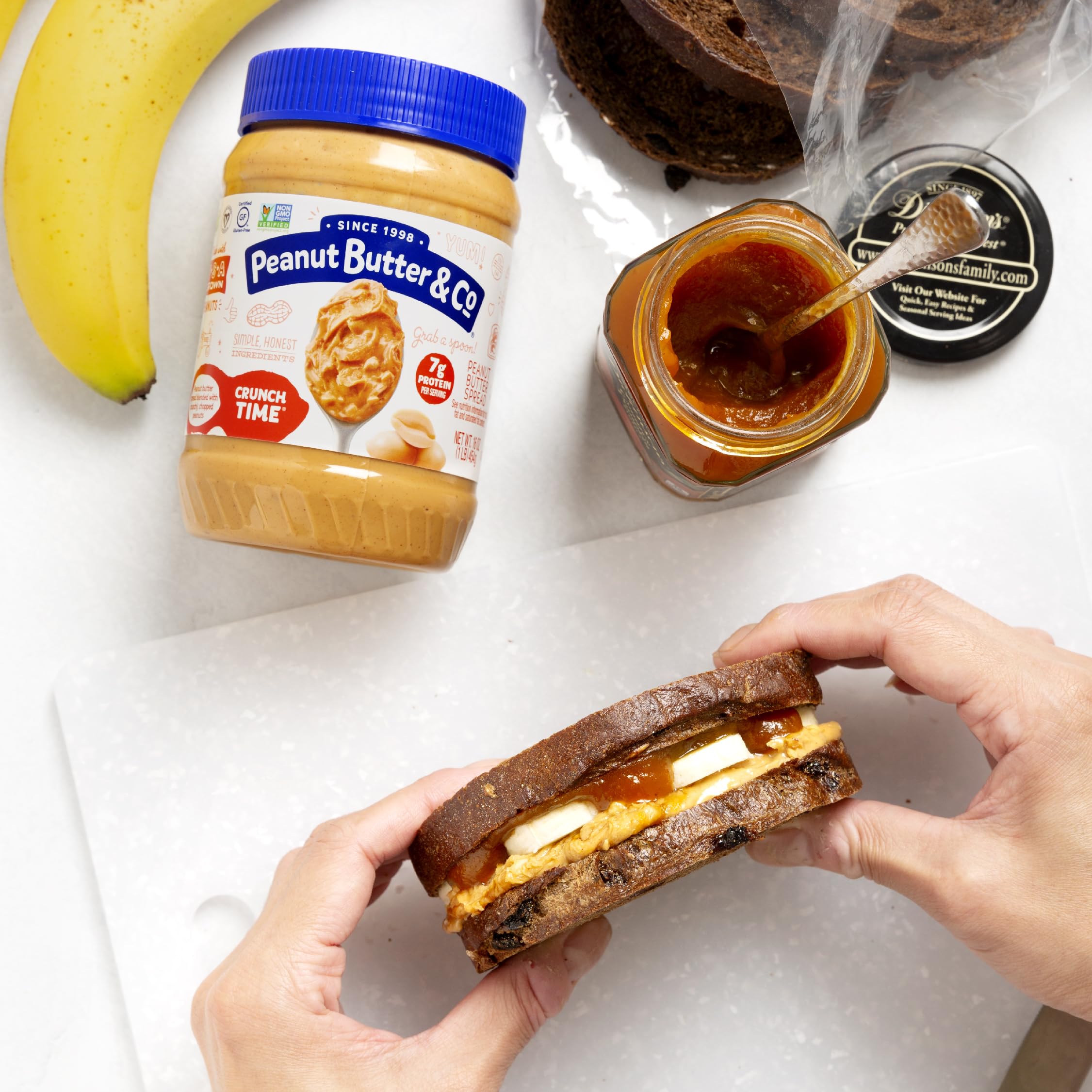 Crunch Time in a blender creating a creamy peanut butter smoothie.