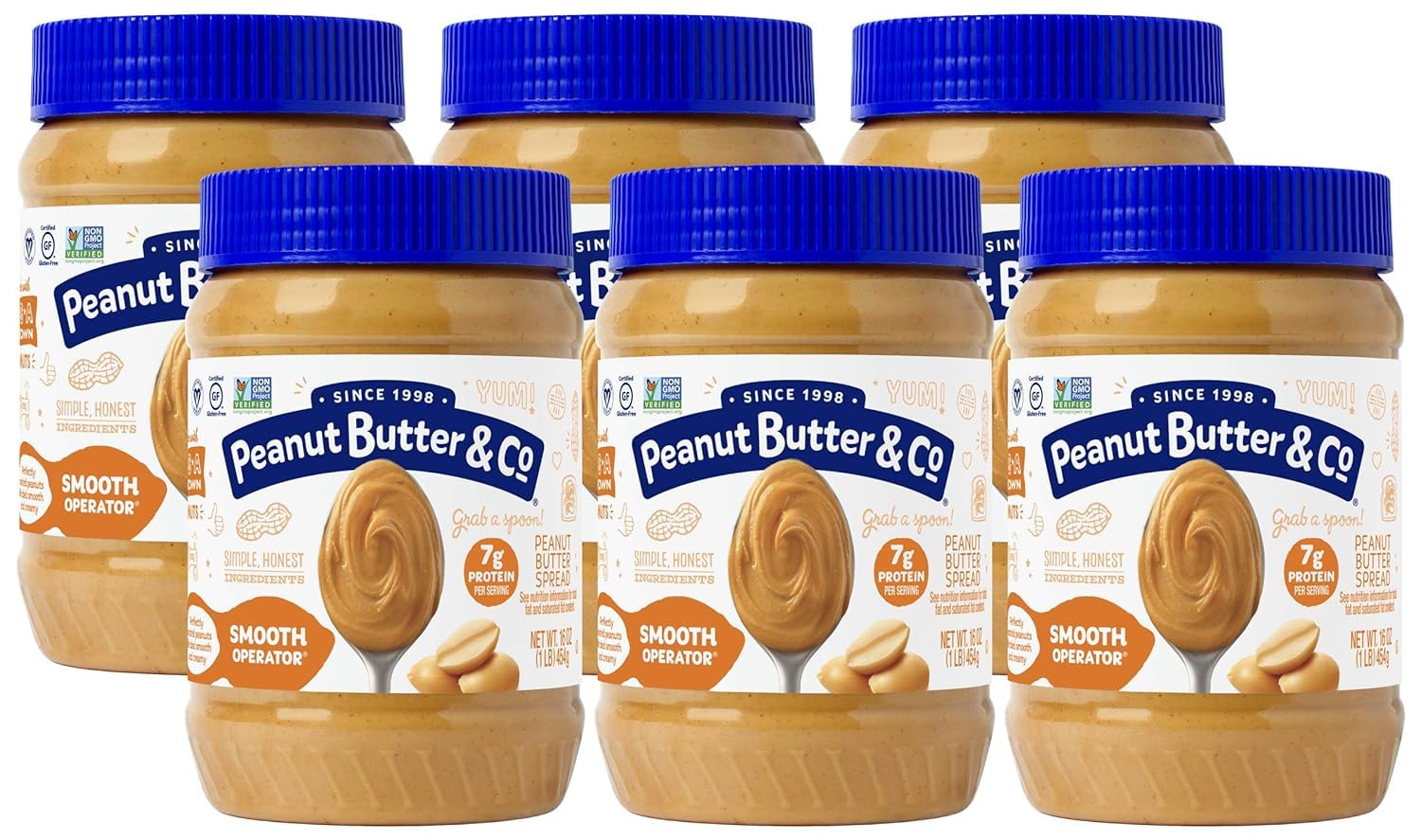 Peanut Butter & Co Smooth Operator jar close-up, creamy spread.
