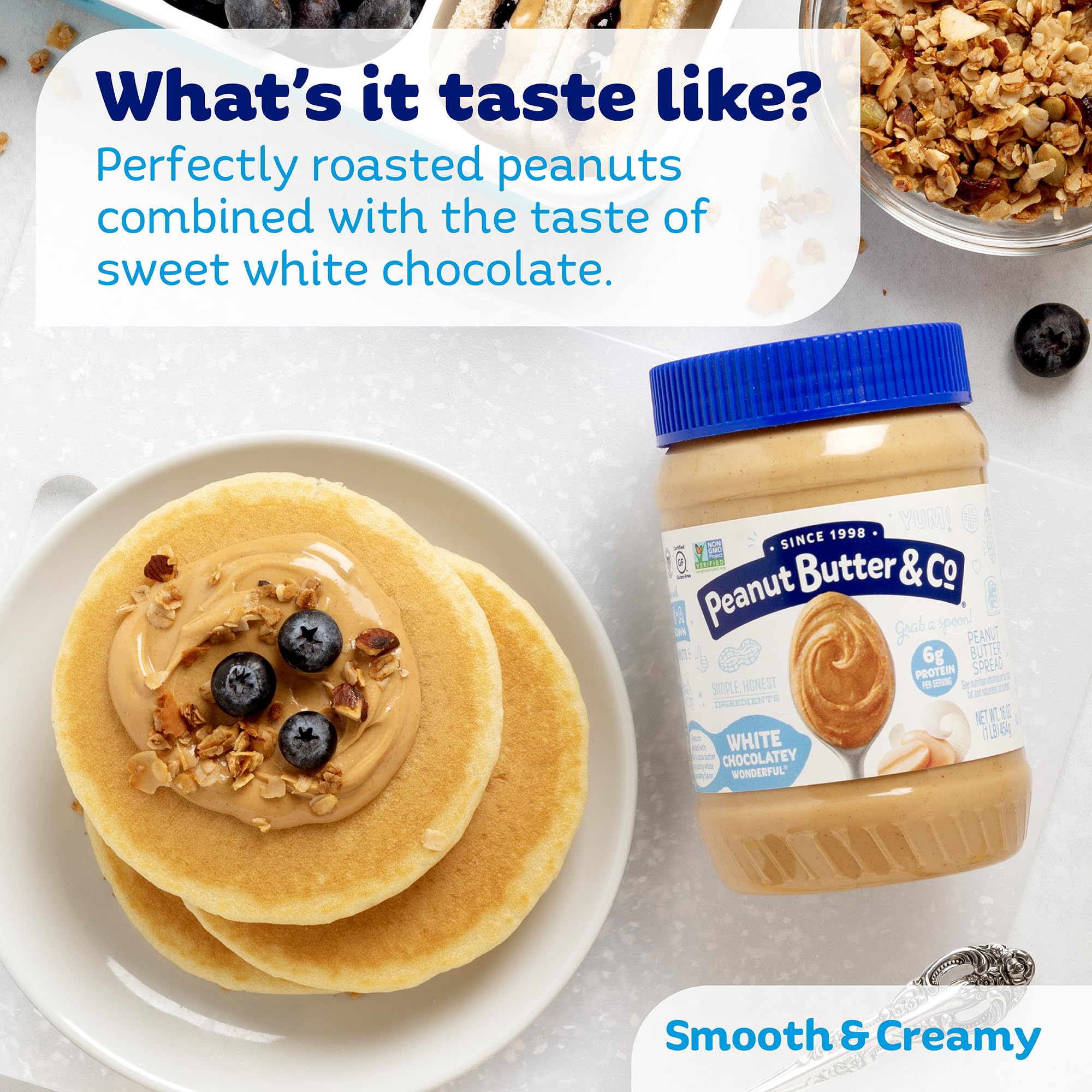 Peanut Butter & Co. White Chocolatey Wonderful in a yogurt bowl, protein-rich snack.