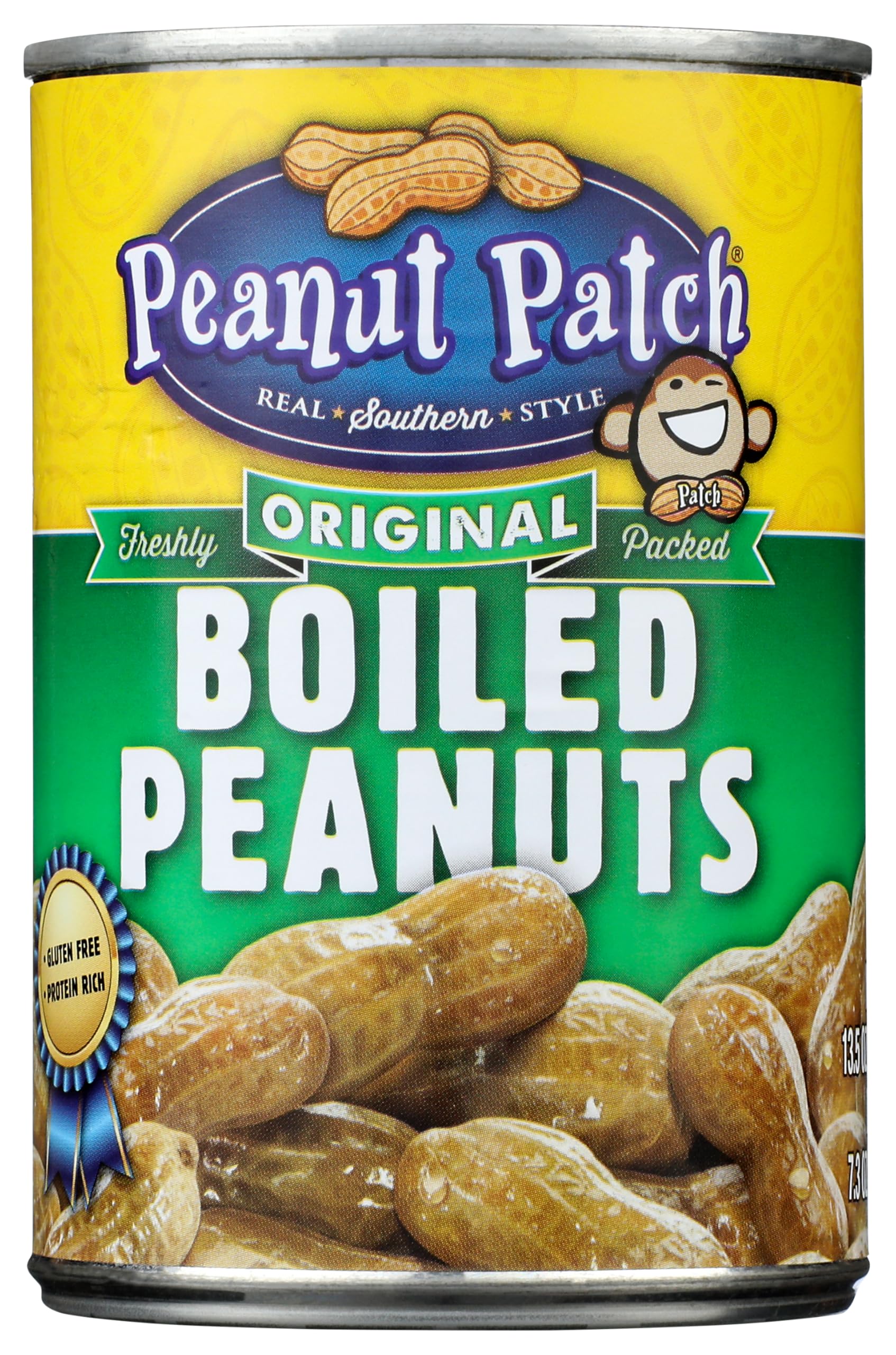 Peanut Patch Margaret Holmes Green Boiled Peanuts packaging in 13.5 oz can for quick snacking.