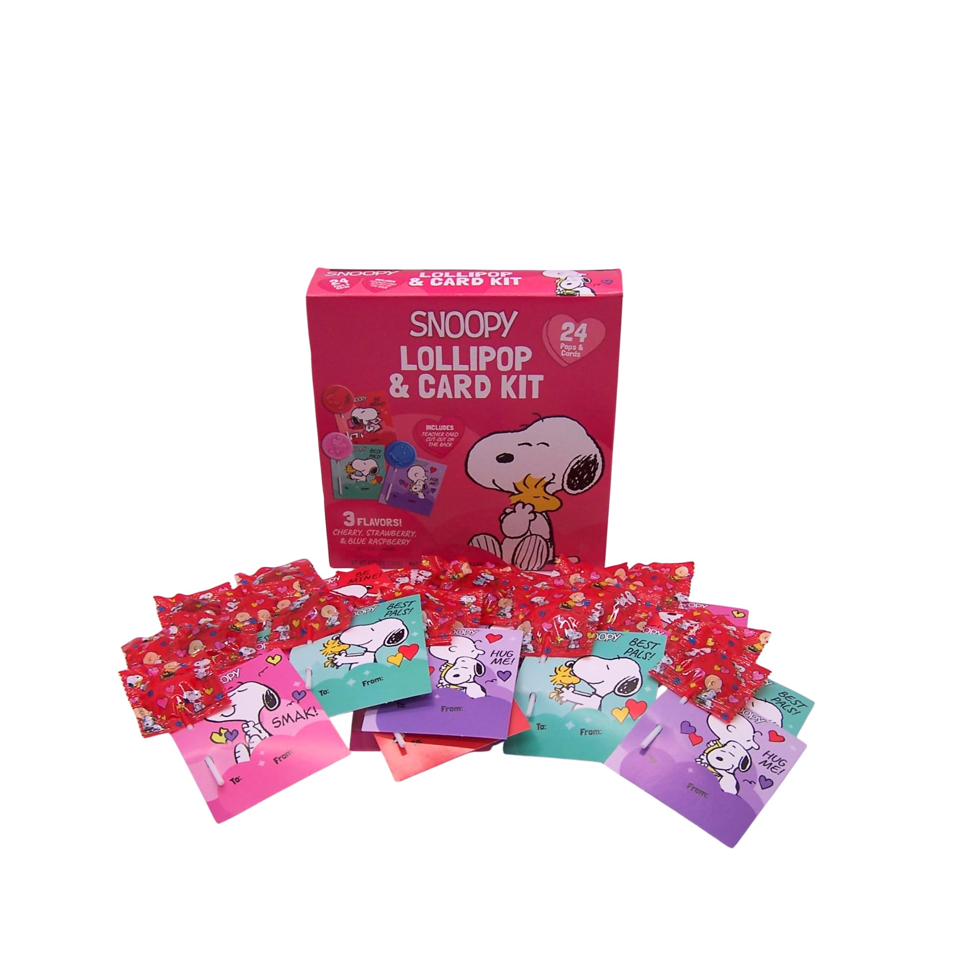 Peanuts Snoopy lollipops in cherry, strawberry, and blue raspberry flavors