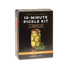 Pearl and Johnny dill-icious pickle kit refill packaging for quick, homemade pickles.