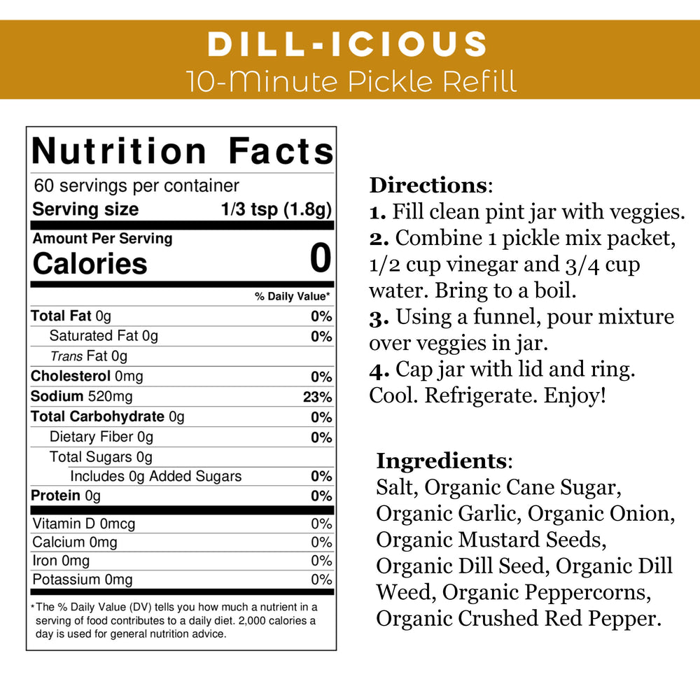 Pearl and Johnny dill-icious pickle seasoning packets ready to flavor organic cucumbers.