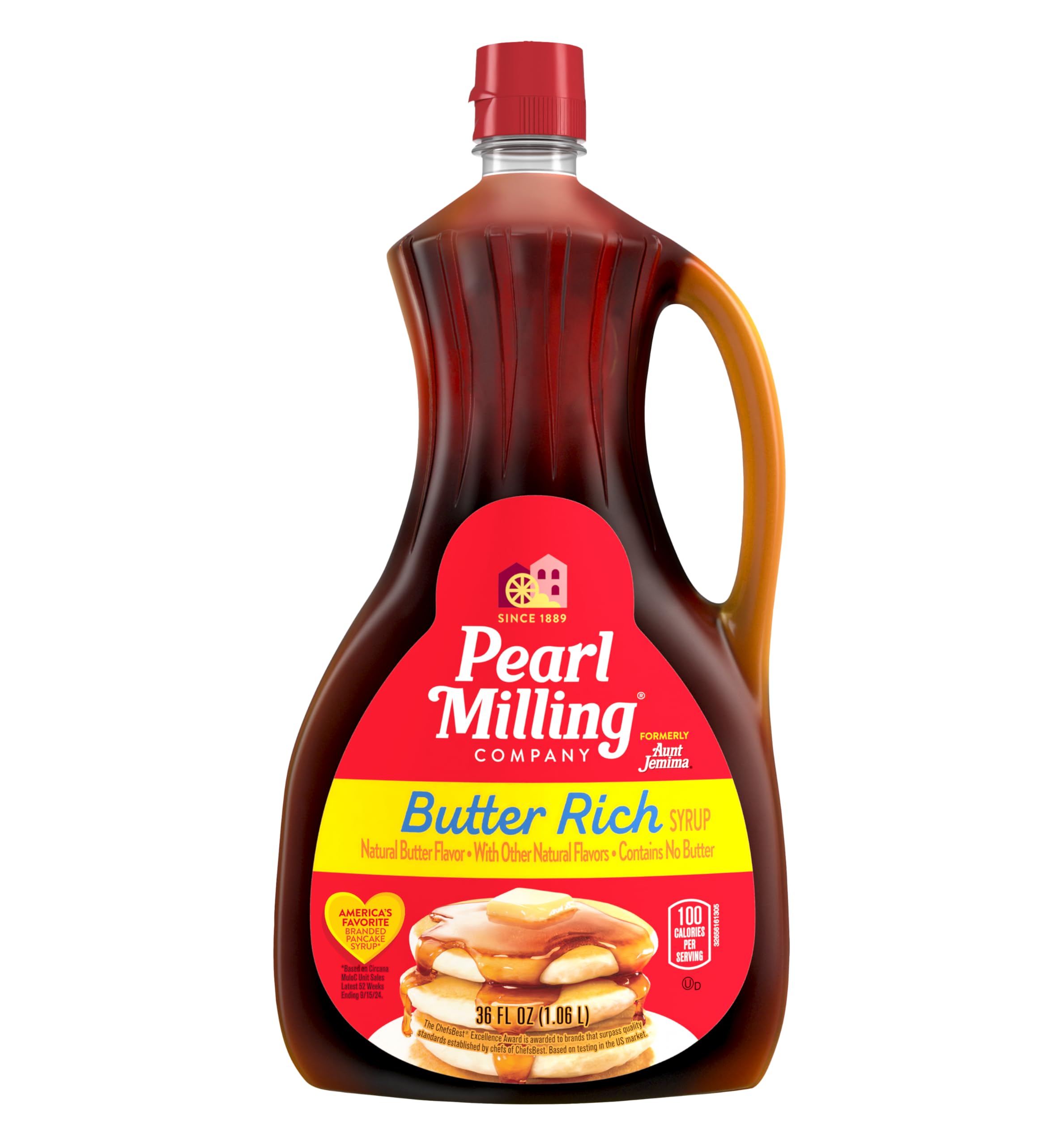 Pearl Milling Company Butter Rich Syrup bottle close-up, rich butter flavor for pancakes.