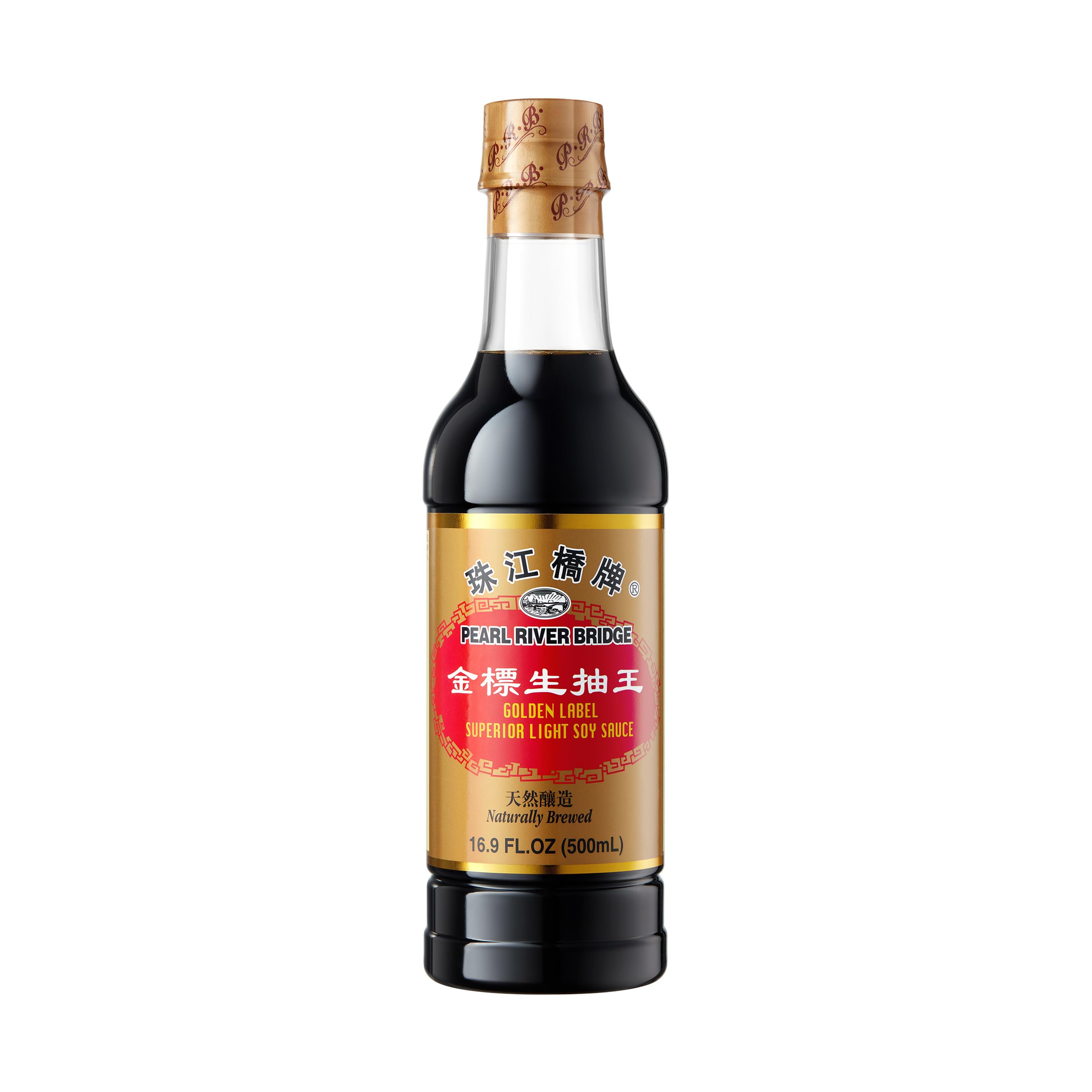 Pearl River Bridge Golden Label light soy sauce bottle for authentic stir-fry flavor boost.