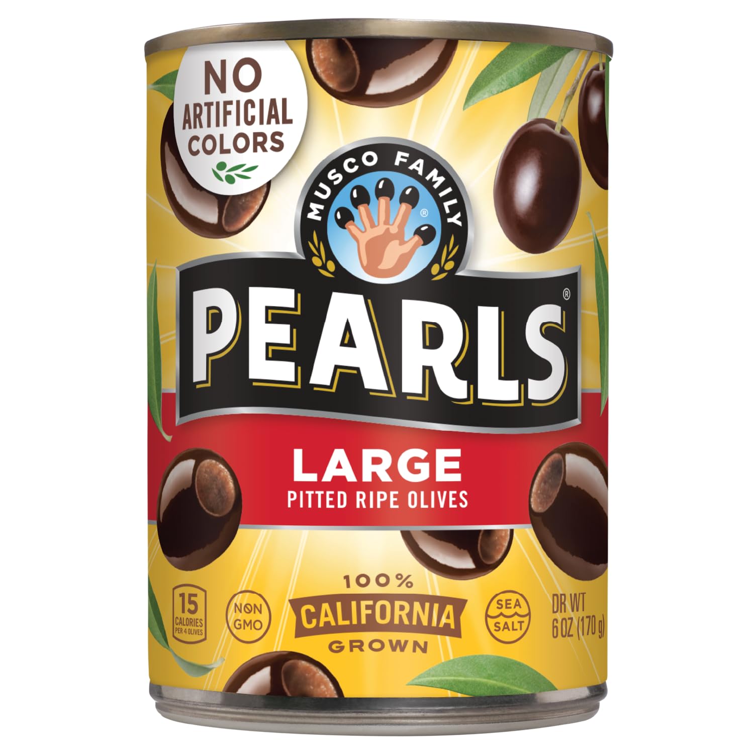 Pearls 6oz cans with large ripe olives for convenient snacking and cooking.