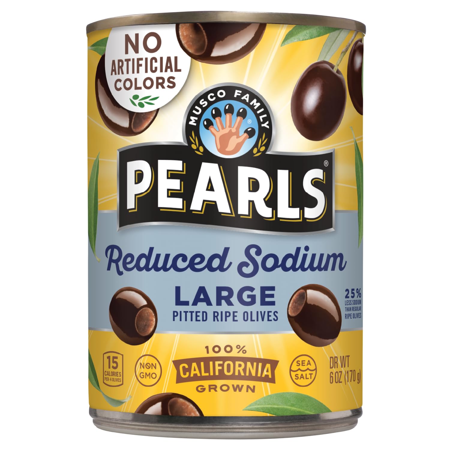 Pearls low-sodium ripe olives in a 6oz can, ready for quick savory snacking.