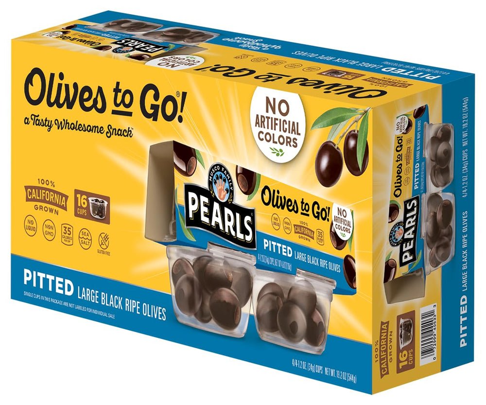 PEARLS Olives To Go 16-cups pack ready for family snacks on the go.