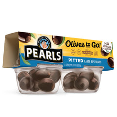 Pearls Olives To Go large black ripe olives in a cup for on-the-go snacking.