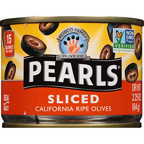 Open can of PEARLS olives reveals glossy, buttery slices ready to cook.