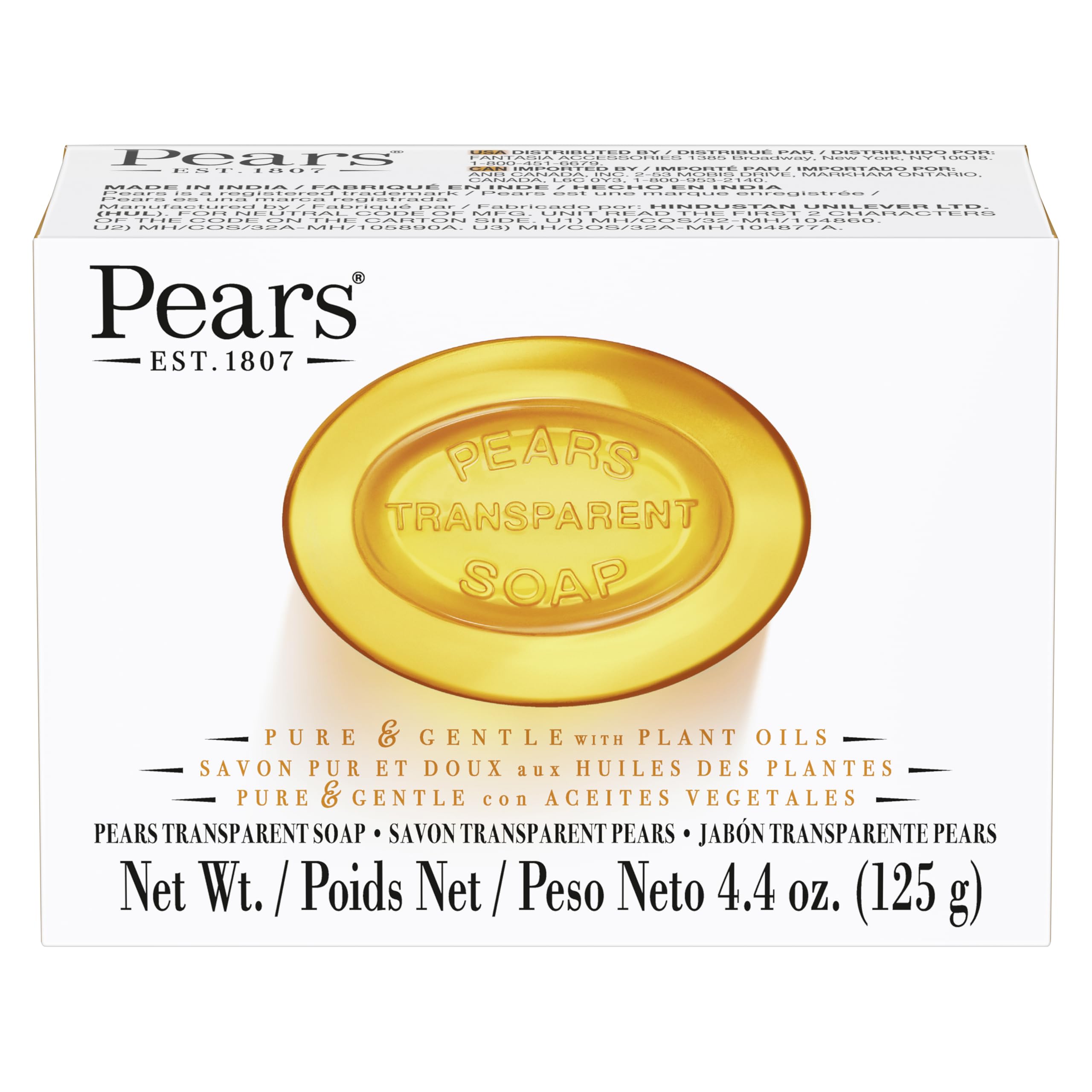 Pears Pure Glycerin Amber Bar Soap closeup highlighting moisture-rich formula for skin hydration.