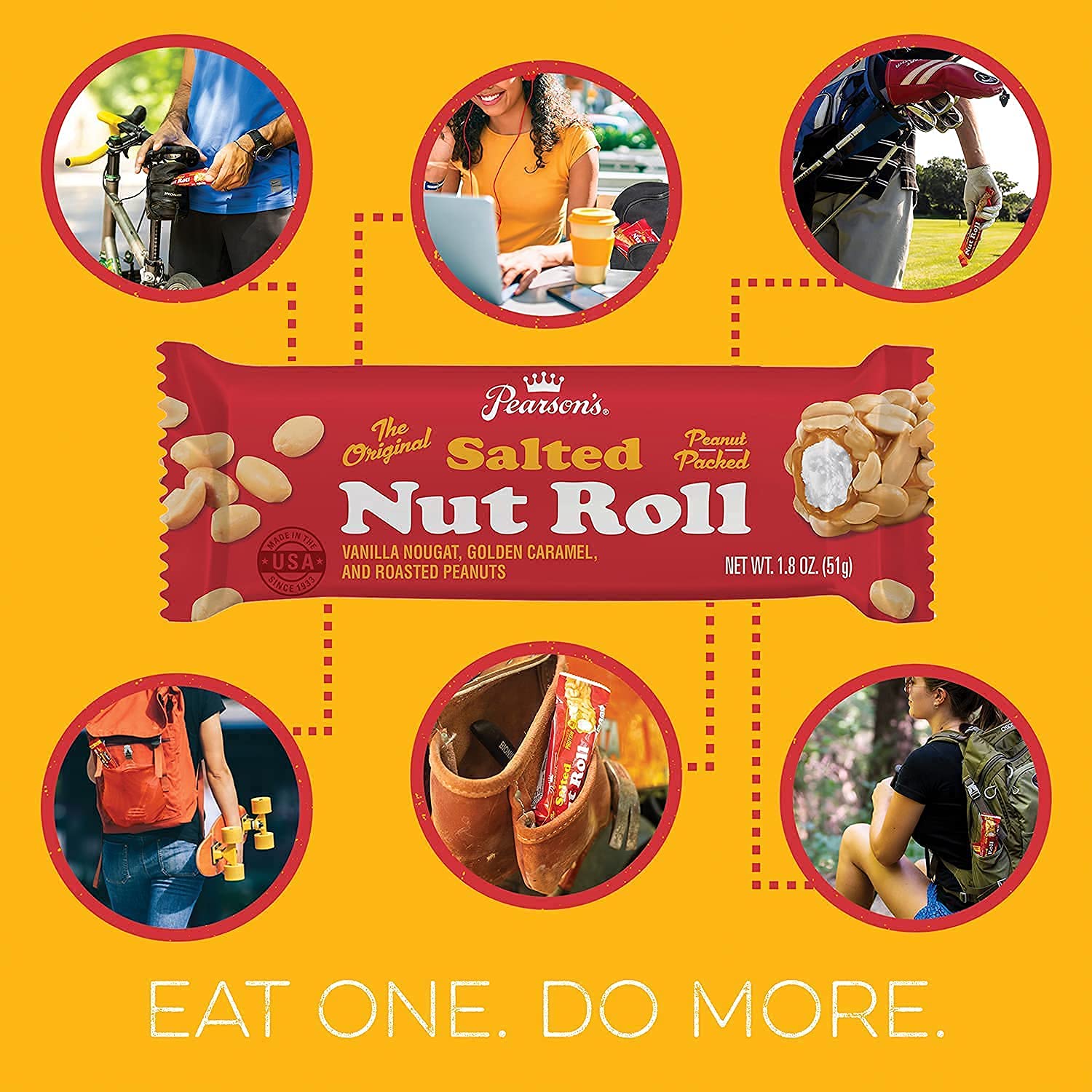 Pearson's Bite-Size Salted Nut Roll bar close-up showing roasted peanuts