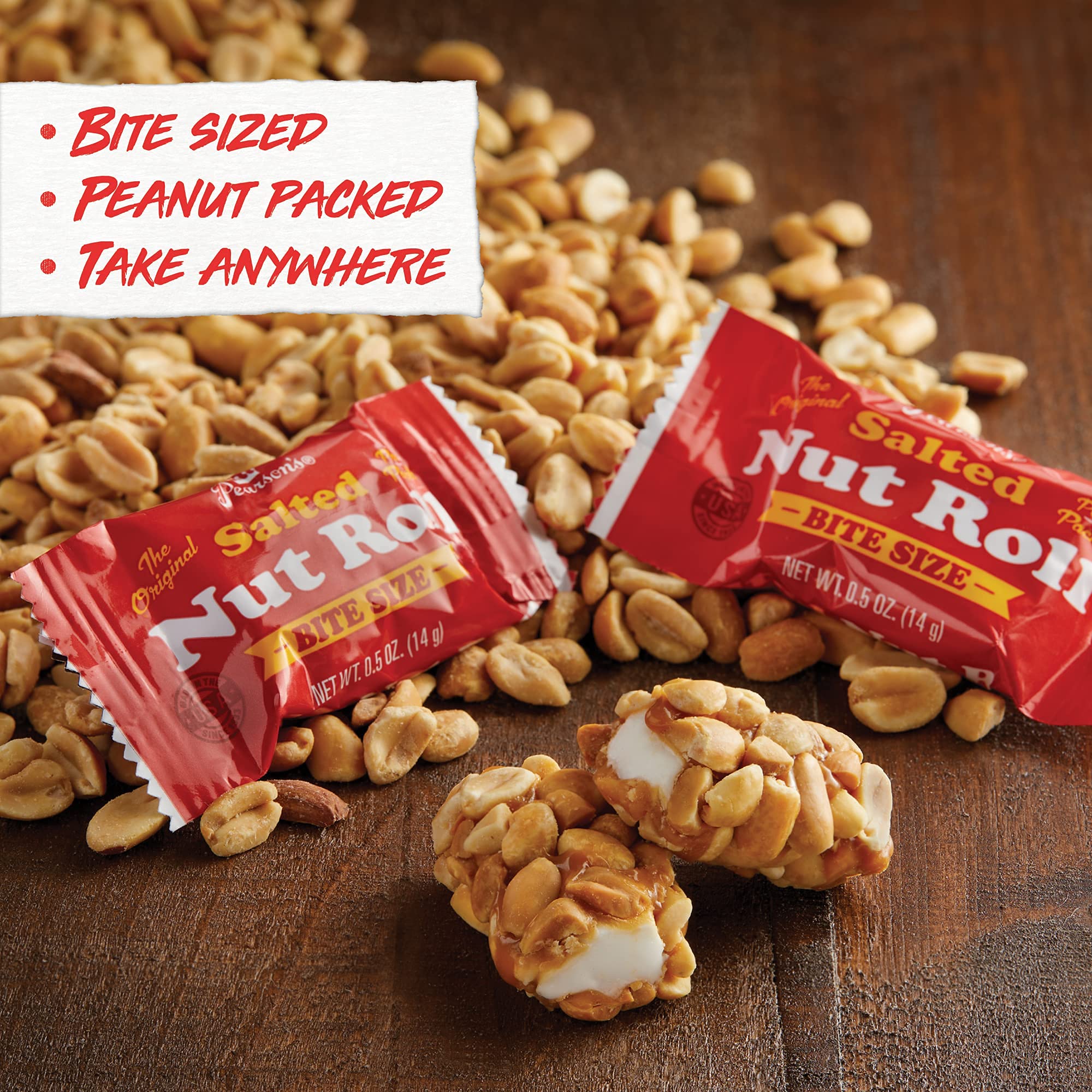 Pearson's Bite-Size Salted Nut Roll with caramel and vanilla nougat texture close-up